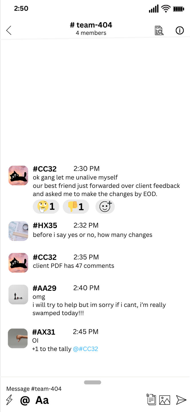 a mock group chat between members of team 404